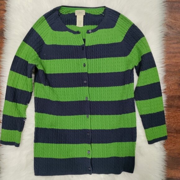 L.L. Bean Vintage Womens Striped Green & Navy Button-Up Cardigan Sweater L - Picture 5 of 12
